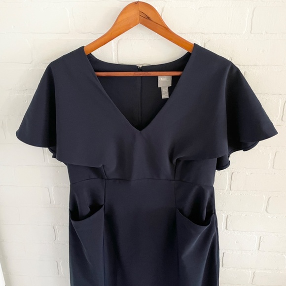 ASOS Midi dress Flounce Cape Angel Sleeve Pockets V neckline Navy blue Sz 10 - Picture 9 of 15